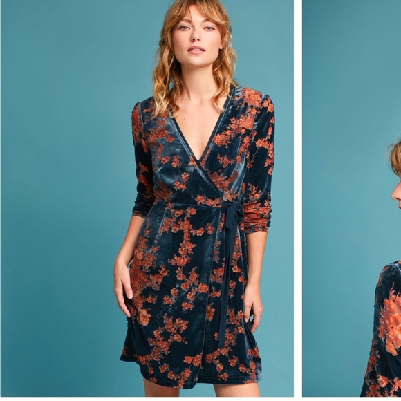 Anthropologie Eri and Ali Enya Velvet Burnout Wrap Dress Navy Blue Sz S NEW - Picture 14 of 14